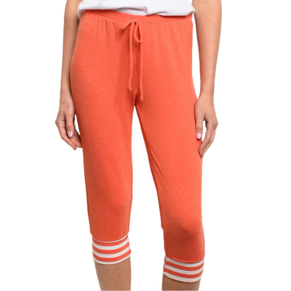 Cozy Coral Crop Joggers Cute White Striped Cuffs Elastic Waist S M L ATHLEISURE